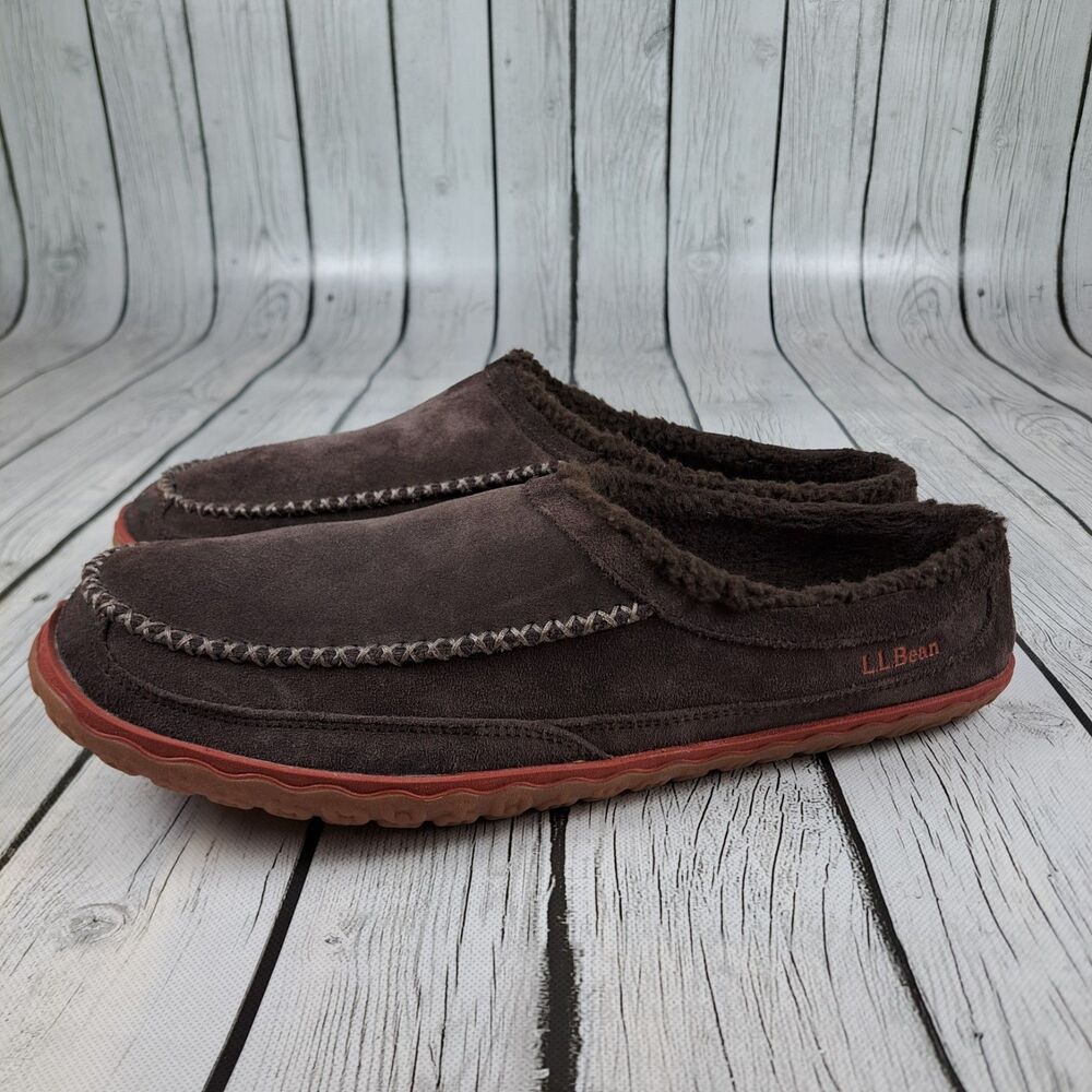 LL Bean Slippers Mens 14 Brown Suede Mountain Sherpa Lined Shoes